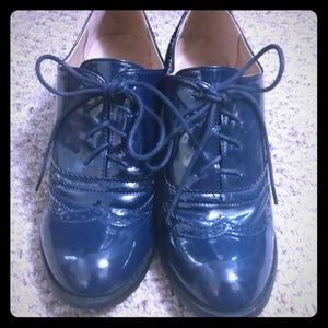 Navy Patent Heeled Oxfords